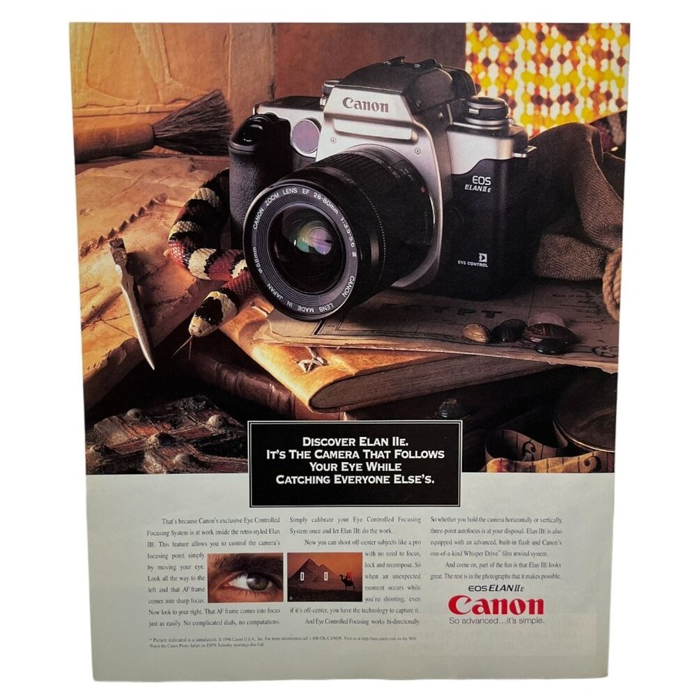 Canon Camera Print Ad EOS Elan IIe Vintage 90s Eye Controlled Focusing System